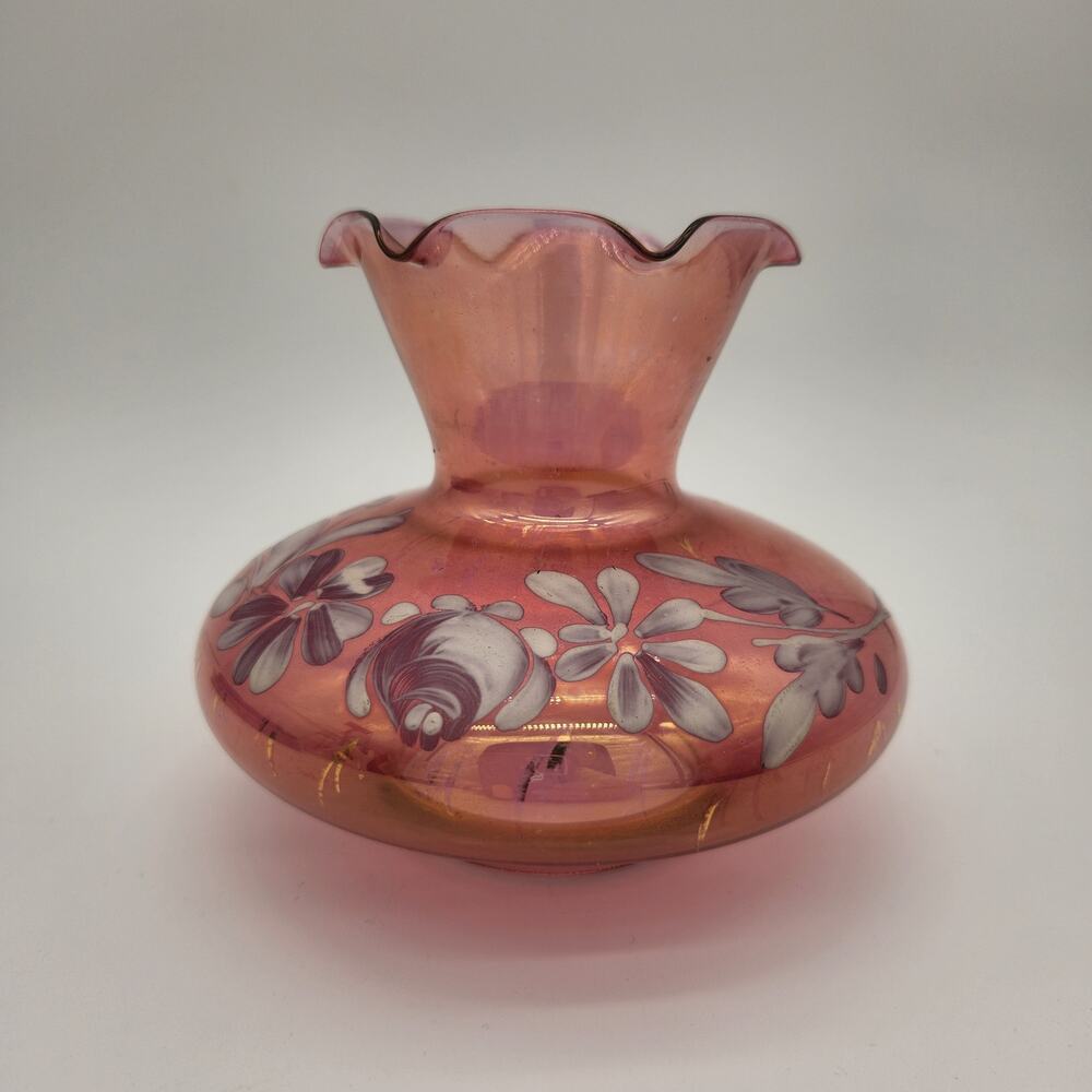 Beautiful 5" Tall Cranberry‎ Glass Vase Hand Painted White Floral Ruffled Rim